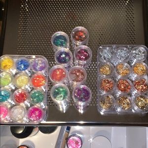 Nail glitter, foil, and “glass”